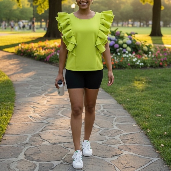 Ft INC Tops - #A067  FT INC Lime Green Ruffle Top with Pearl Trim – Size XL (NWT)